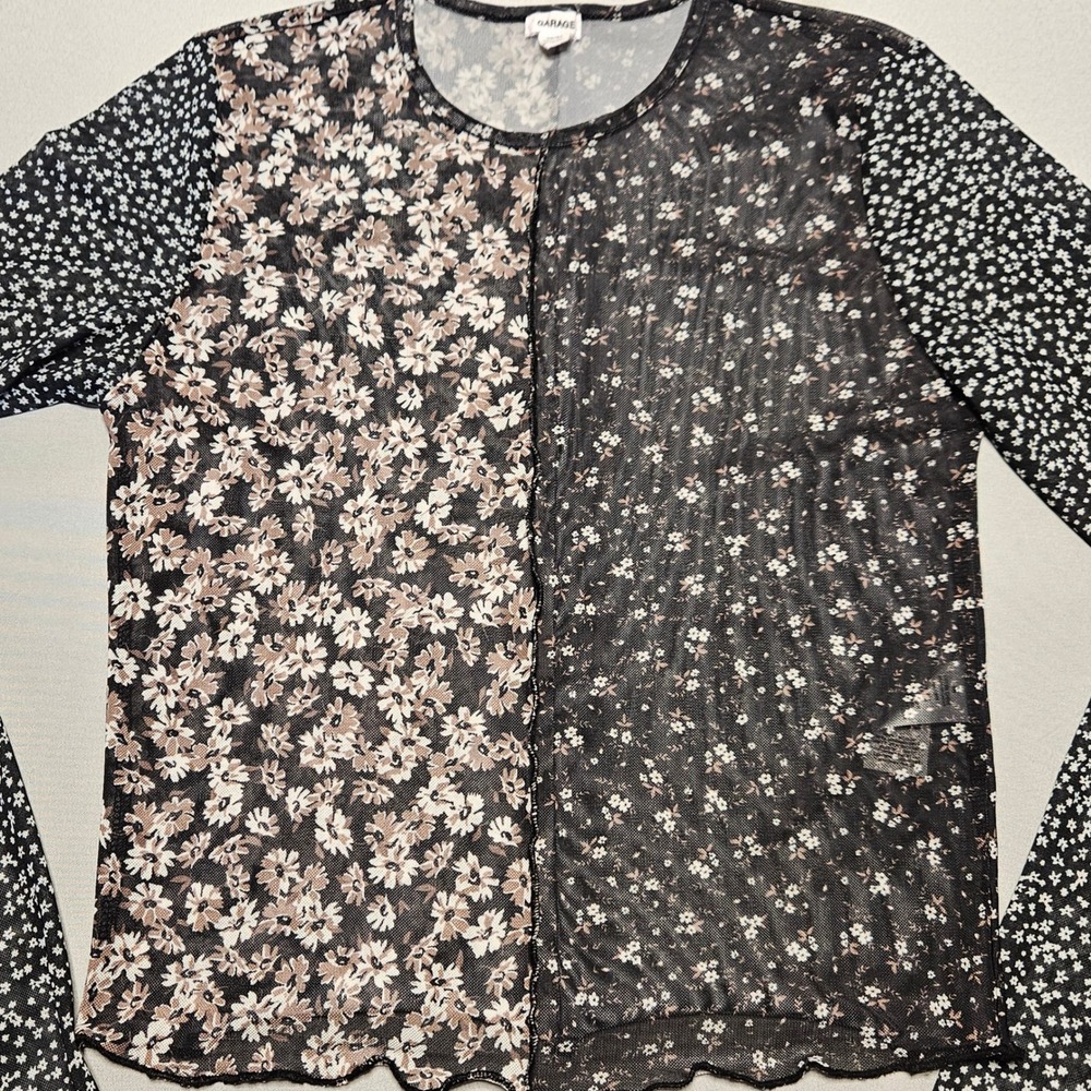 Garage Mesh Top Womens Medium Black Floral Mixed Print Lettuce Edge Sheer‎